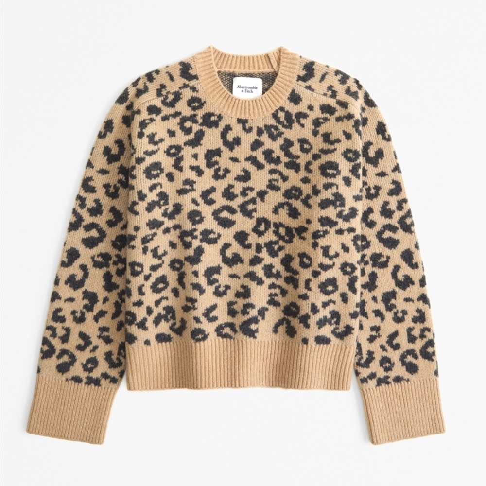 Abercrombie & Fitch Tan and Black Crew Neck Sweater with Leopard Print